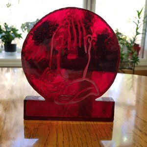 Vintage Praying Hands Paperweight Red Etched Glass Window Light Catcher 6 3/8 In